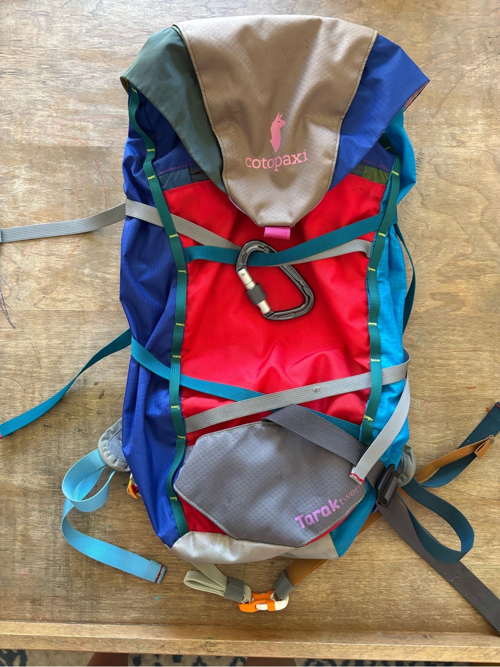 cotopaxi Multicolor Daypack — Blue, Red, Teal, Gray, Brown Accents